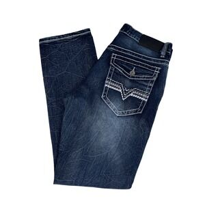 True Luck Mens Jeans 32x32 Straight Leg Dark Wash Heavy Stitch Flap Pocket Denim